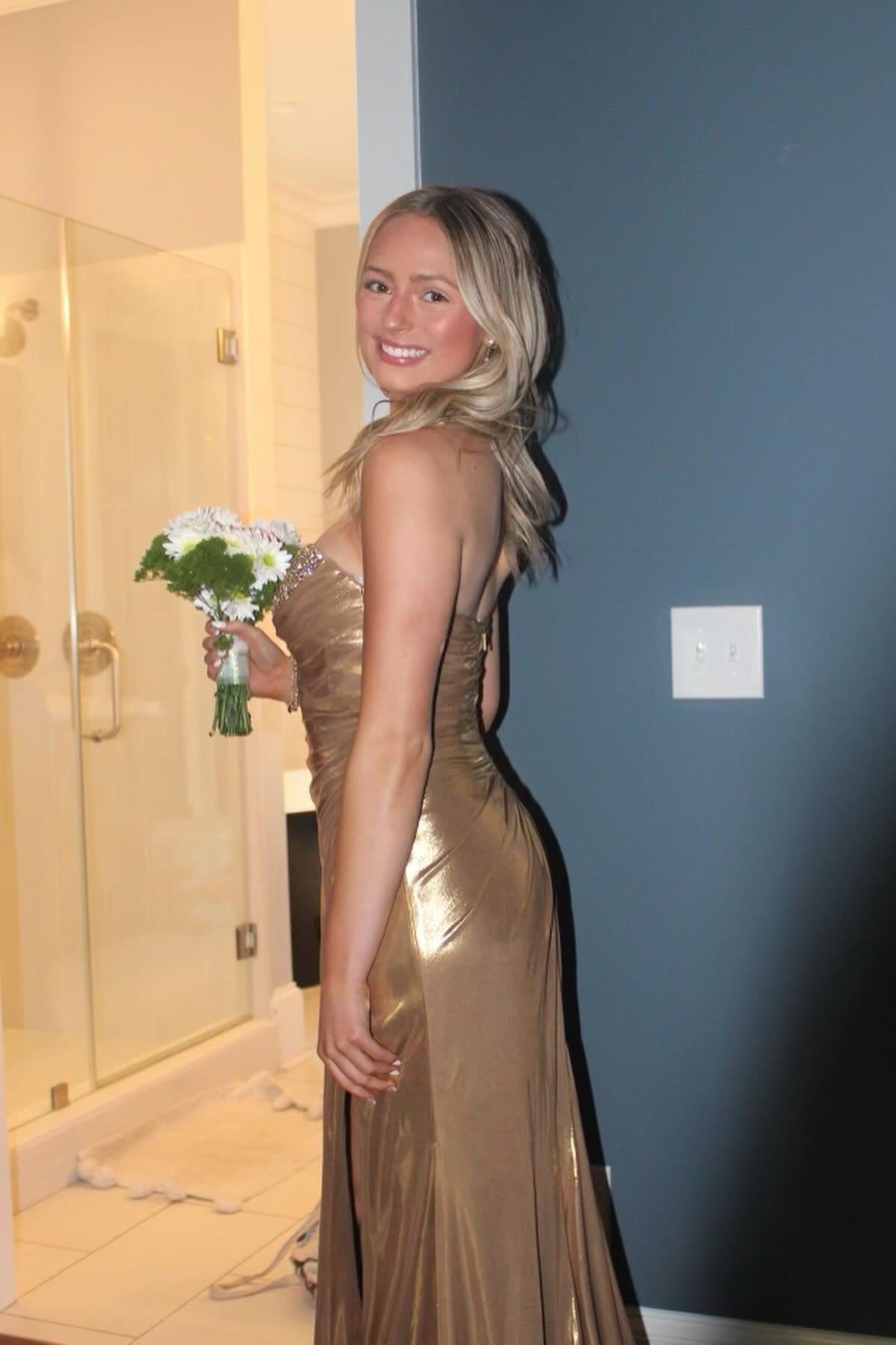 Beaded Neck Gold Ruched Long Dress with Slit PollyBoutique Beaded Neck Gold Ruched Long Dress with Slit PollyBoutique