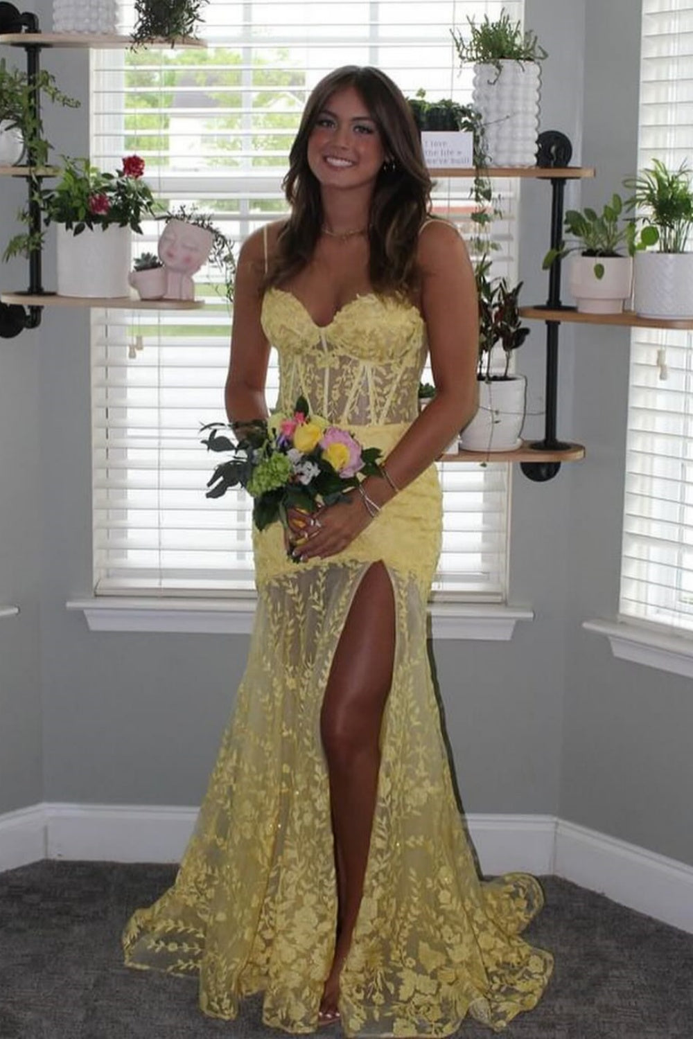 Straps Yellow Lace Appliques Long Dress with Slit – PollyBoutique