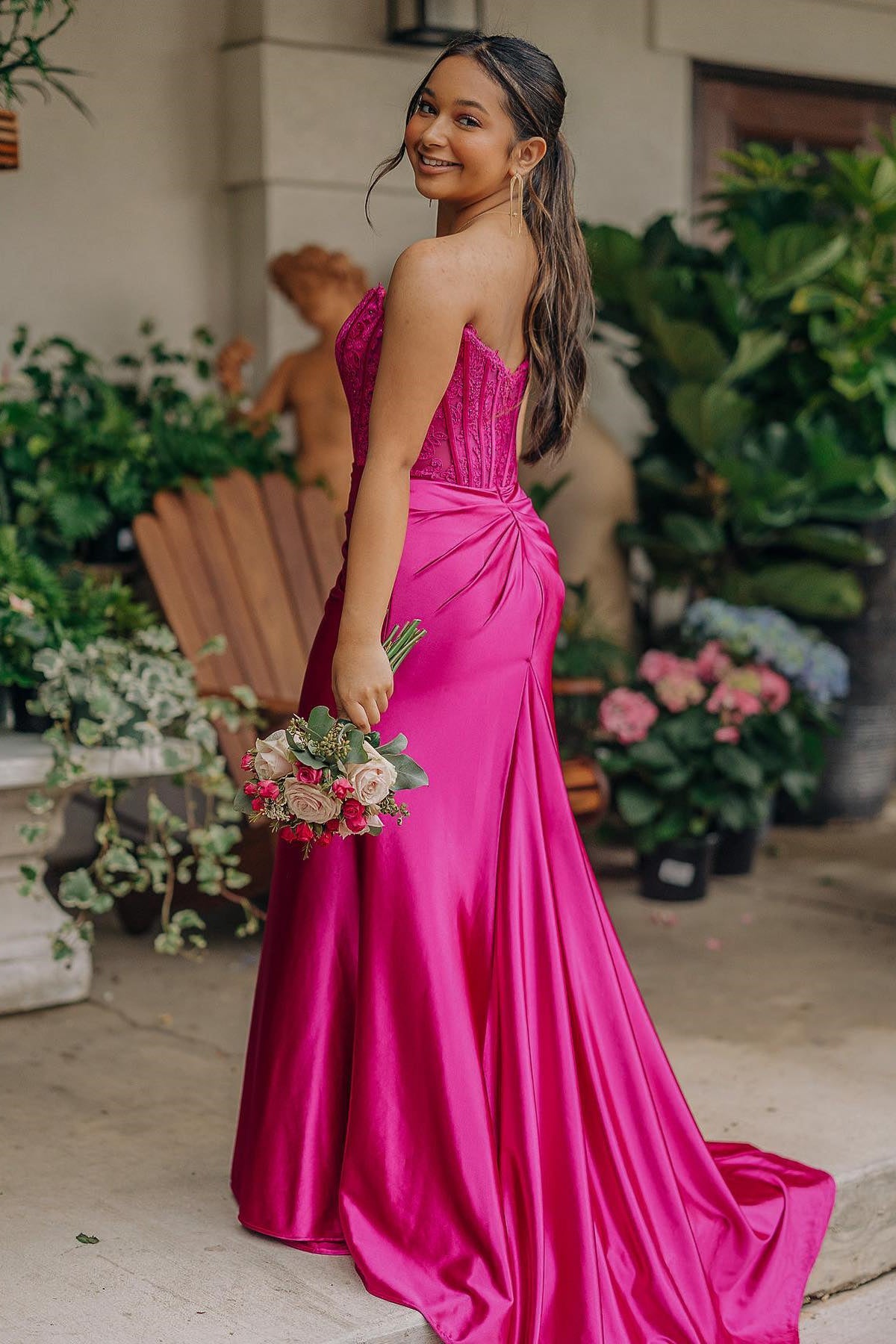 Strapless Fuchsia Lace and Satin Mermaid Dress  PollyBoutique