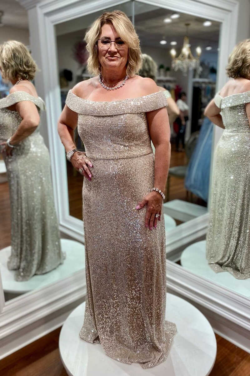 Off-the-Shoulder Champagne Sequin Mother of the Bride Dress – PollyBoutique