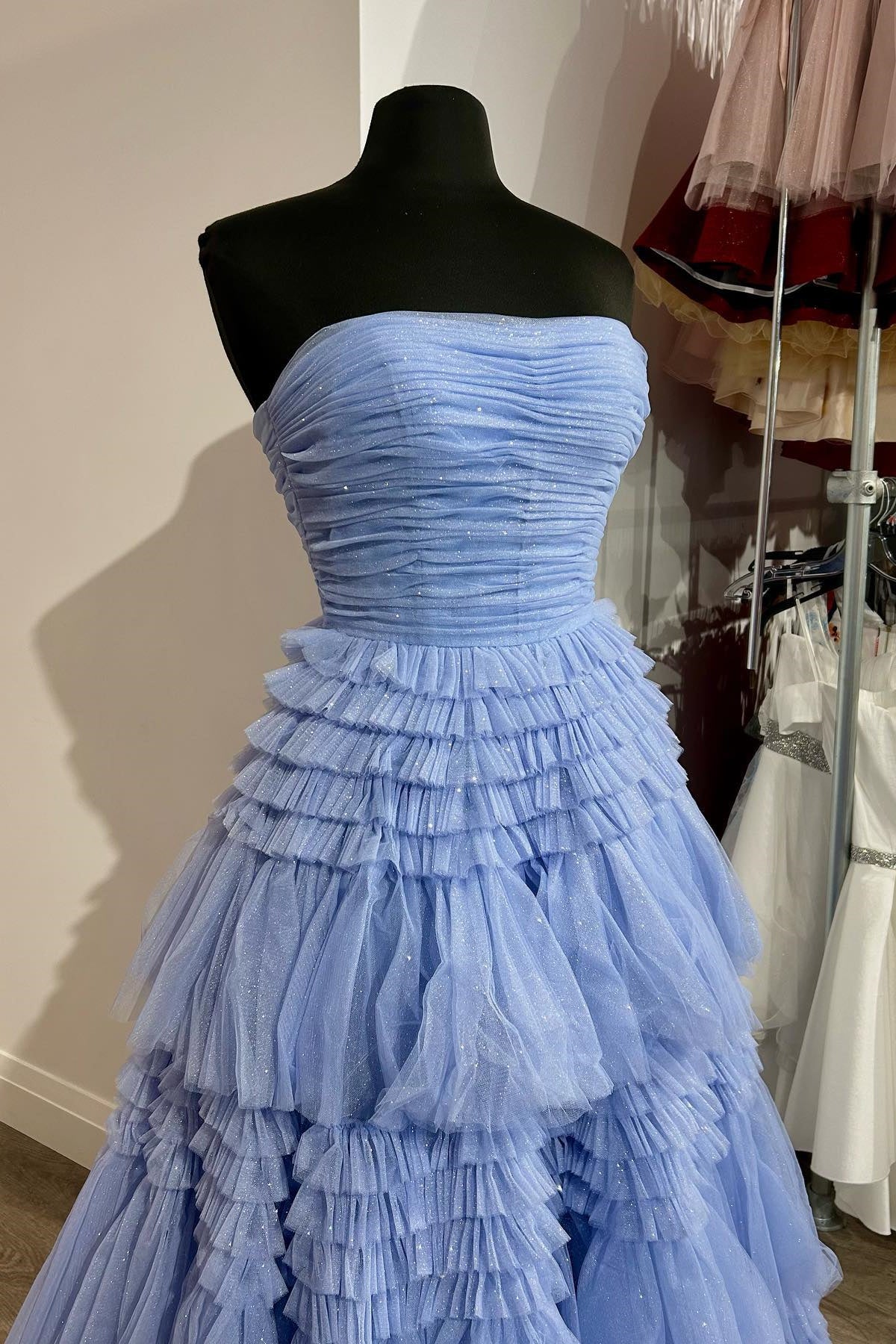 Strapless Periwinkle Tulle Tiered Ruffle Formal Dress PollyBoutique Strapless Periwinkle Tulle Tiered Ruffle Formal Dress PollyBoutique