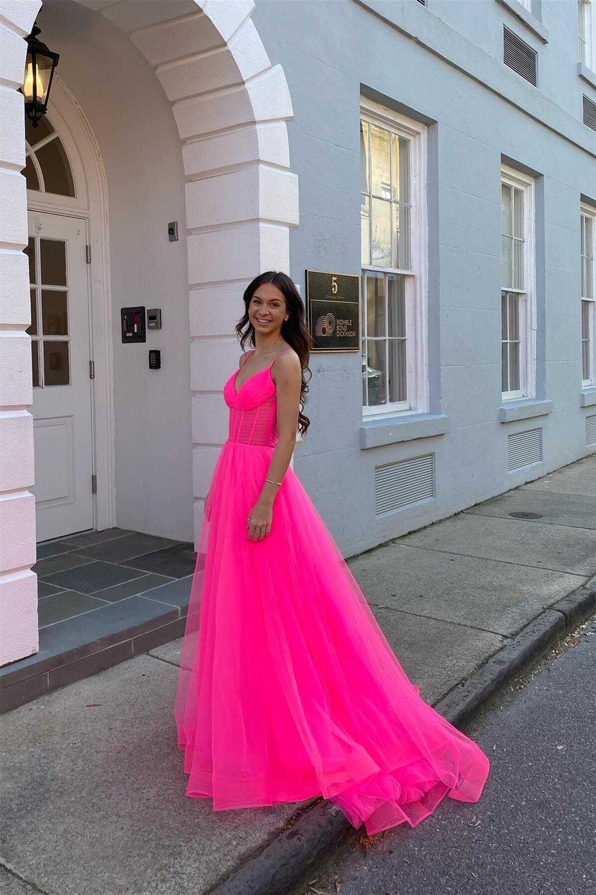 Neon Pink Tulle Sheer Corset A-line Prom Dress – PollyBoutique