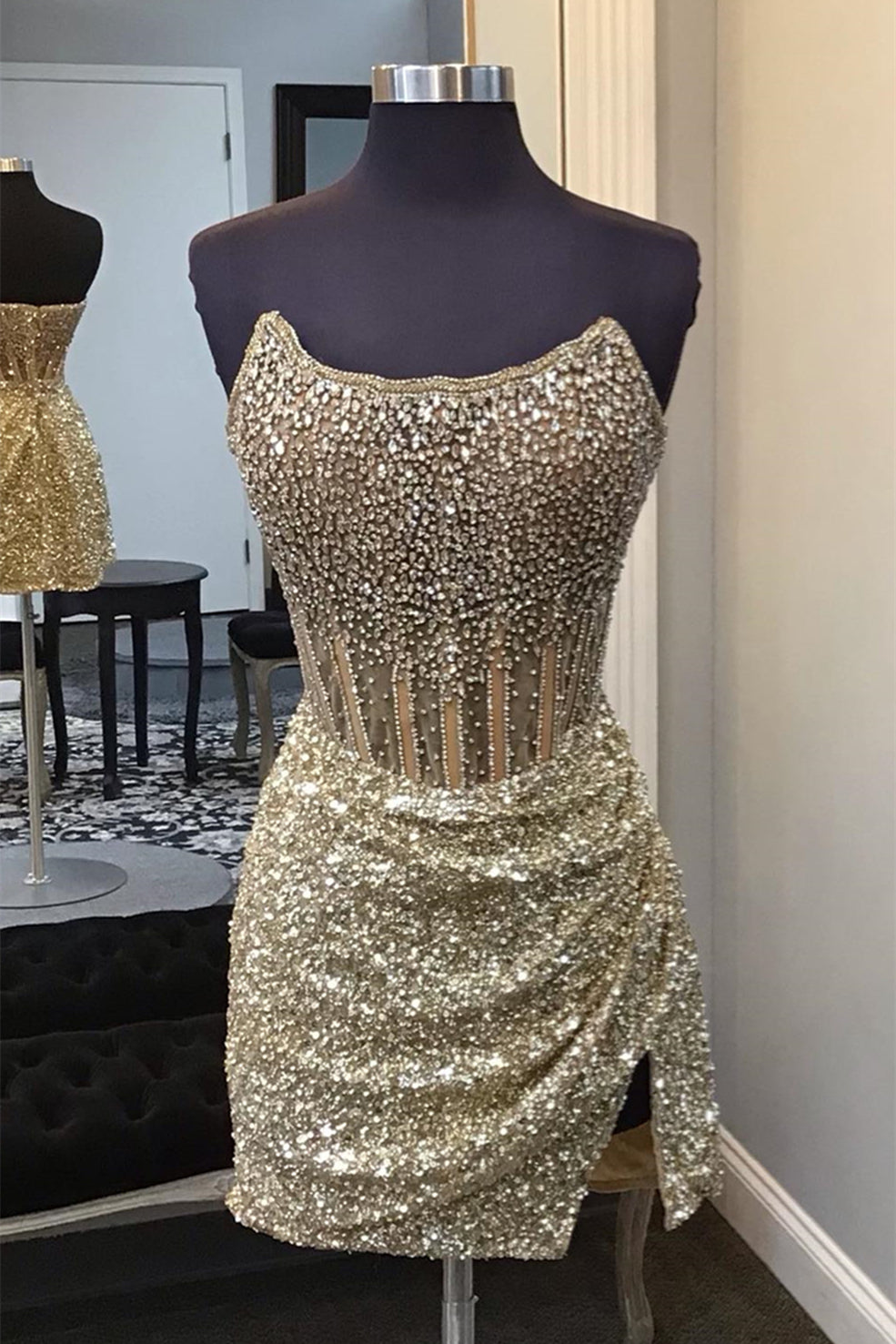 princess polly baby blue dress Liquid Luxe Strapless Sequin Mini Dress Gold Size M from Hello Molly