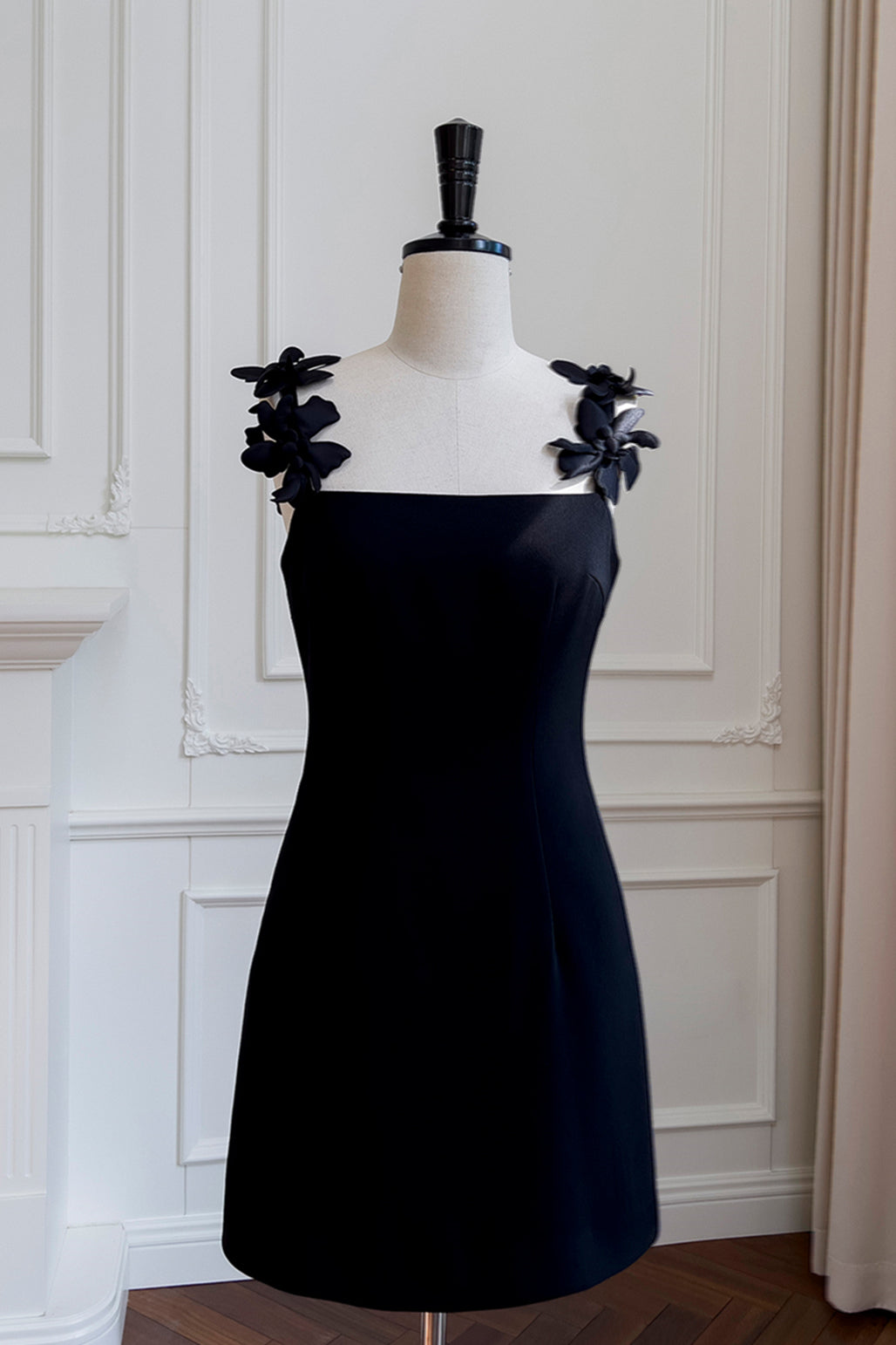 black a line mini dress 3D Floral Straps Black A-line Short Dress – PollyBoutique