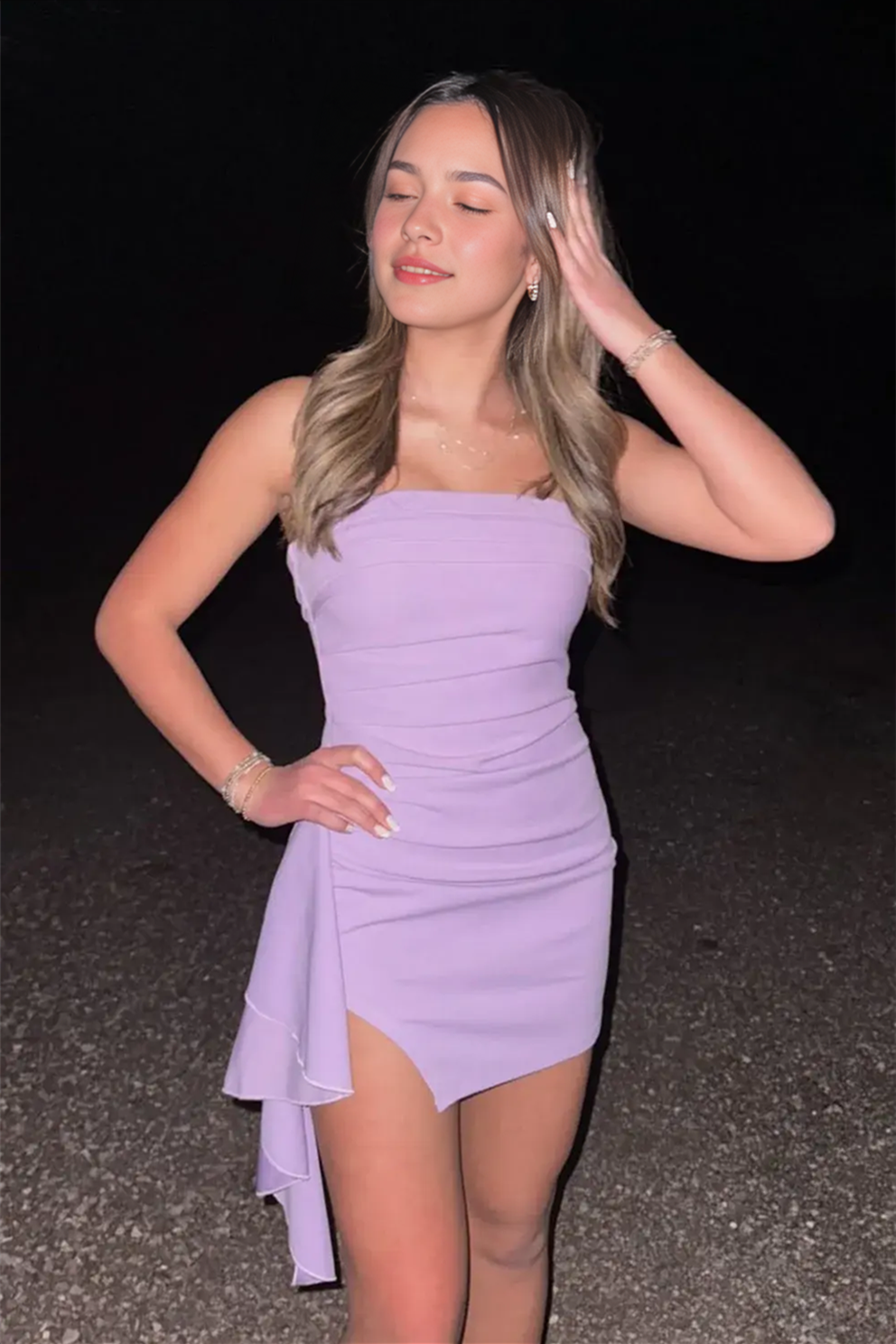 strapless open back dress Doux Purple Ruffled Trim Pleated Mini Dress main image 1