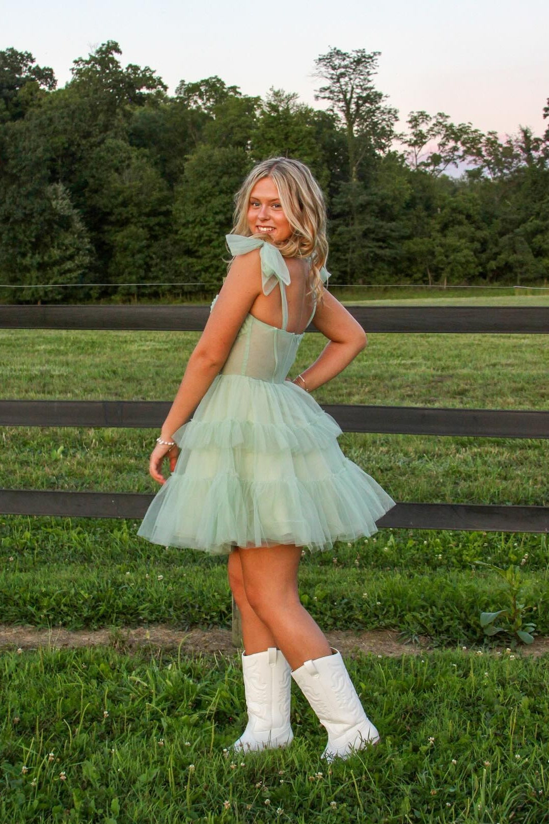 Bow Tie Mint Green Ruffle Tiered Short Dress PollyBoutique Bow Tie Mint Green Ruffle Tiered Short Dress PollyBoutique