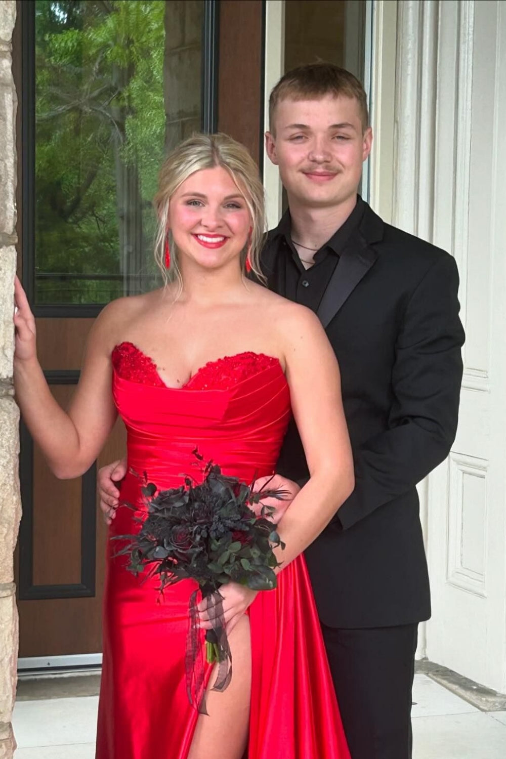Appliques Neck Red A-line Long Dress with Slit