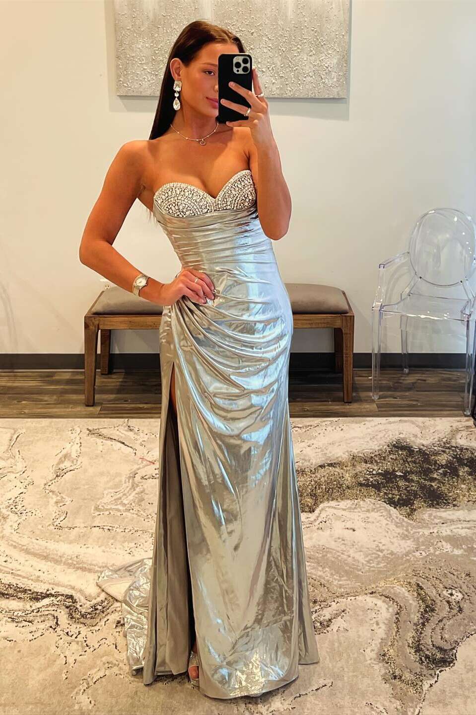 Beaded Neck Gold Ruched Long Dress with Slit  PollyBoutique