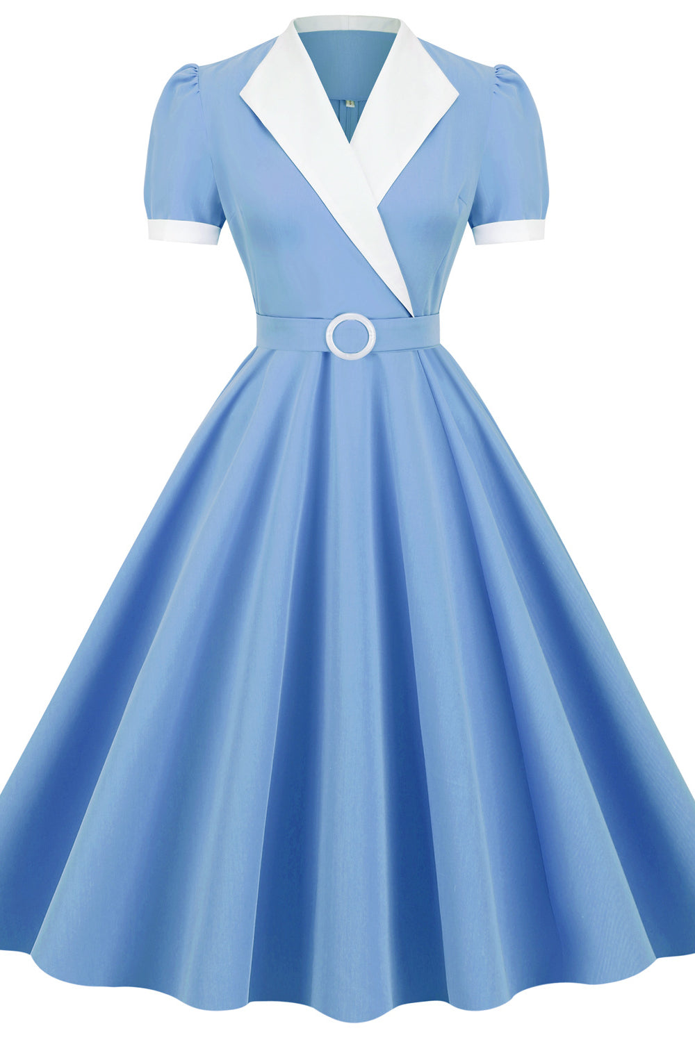 Blue 1950s Belted Short Sleeve Swing Dress – PollyBoutique