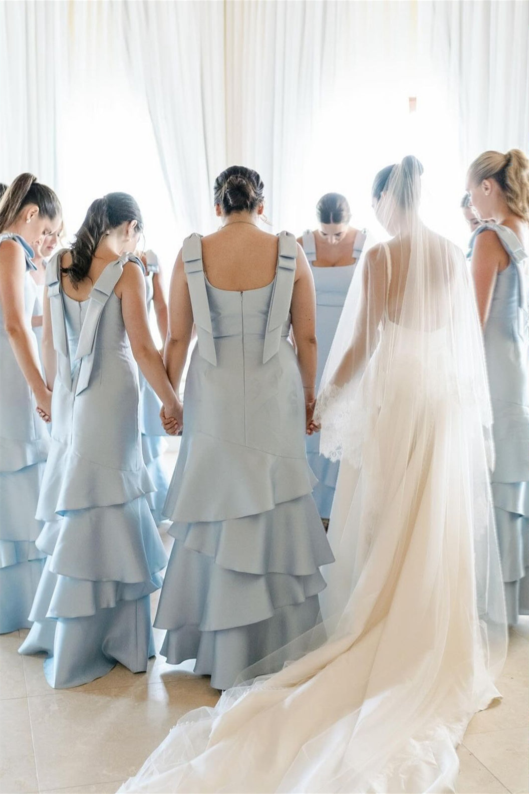 Bow Straps Dusty Blue Tiered Long Bridesmaid Dress – PollyBoutique