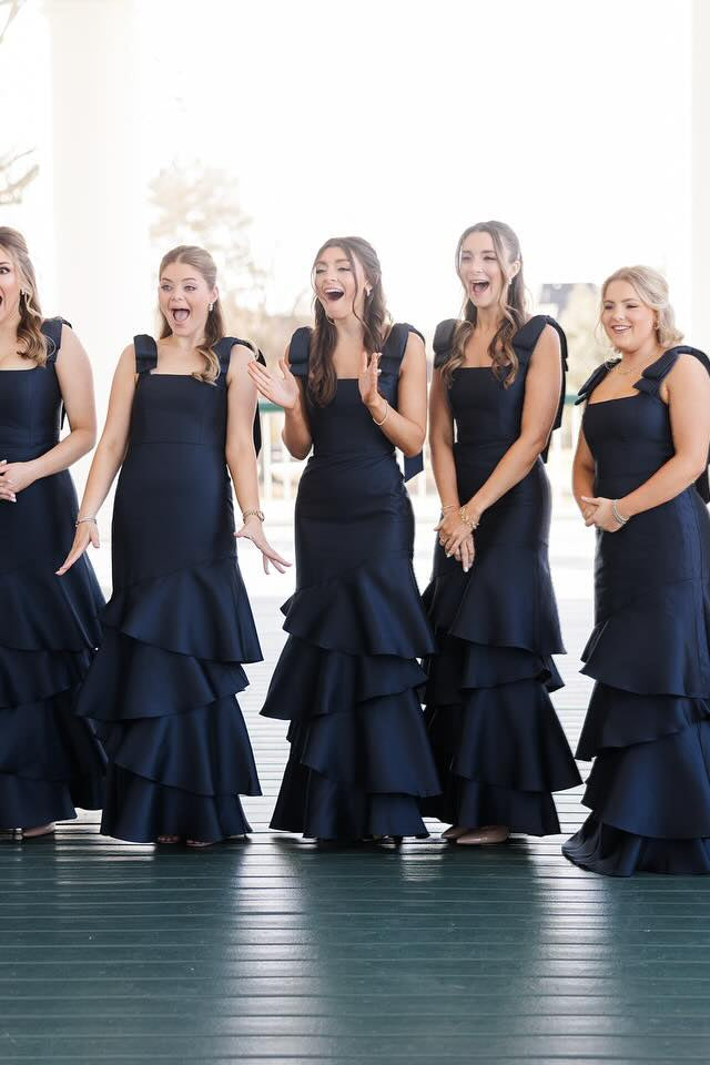 Bow Straps Dusty Blue Tiered Long Bridesmaid Dress – PollyBoutique