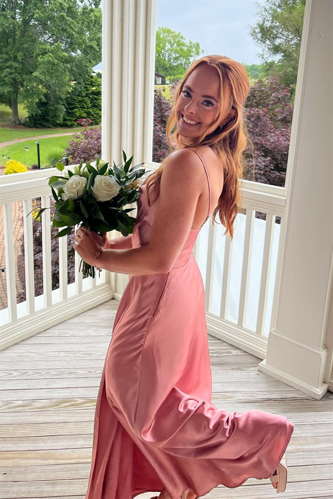 Cowl Neck Baked Rose Satin Bridesmaid Dress – PollyBoutique