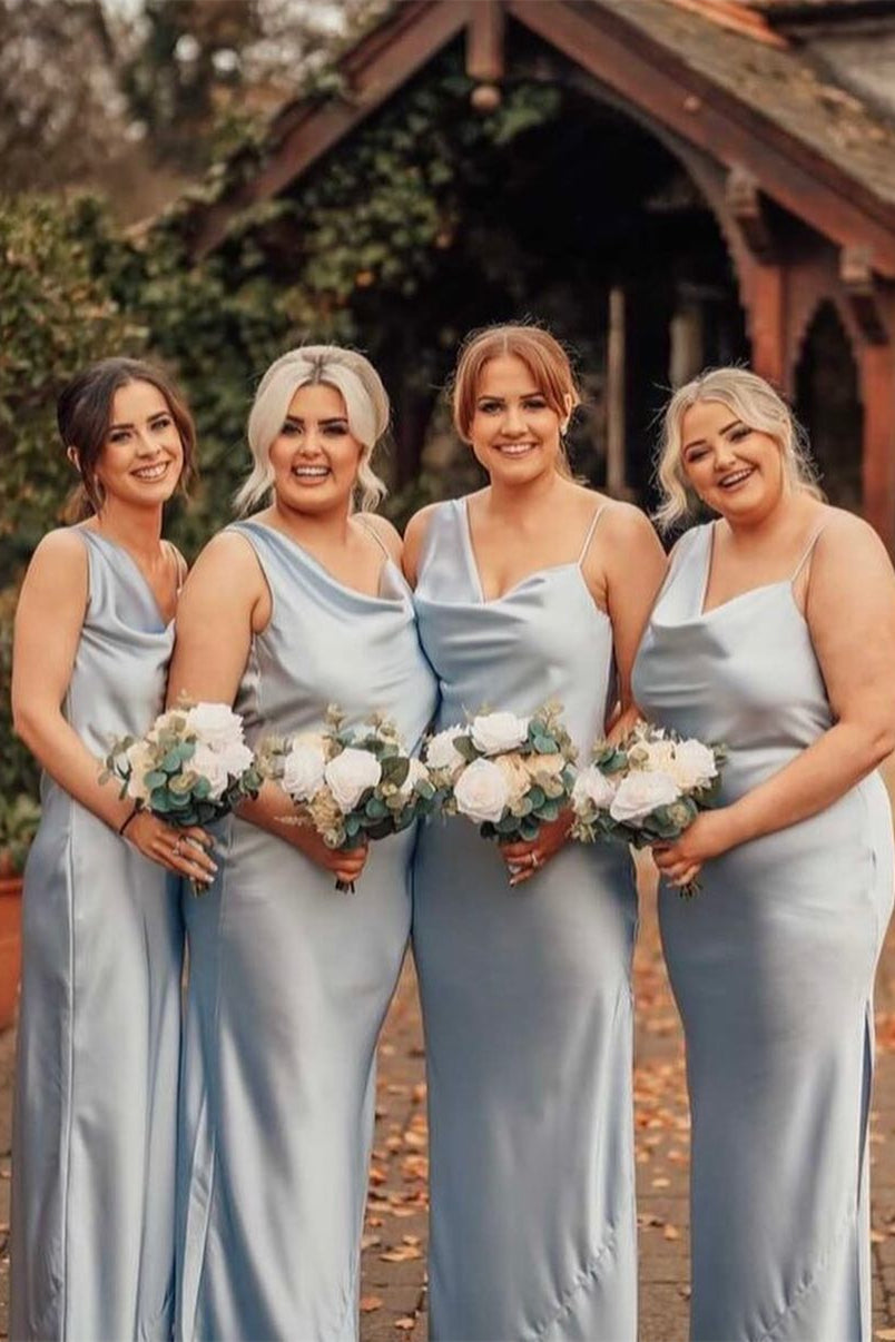 dusty blue satin bridesmaid dress ZAPAKASA Women Dusty Blue Bridesmaid Dress Mermaid Halter Satin Long Wedding  Party Guest Dress main image 1