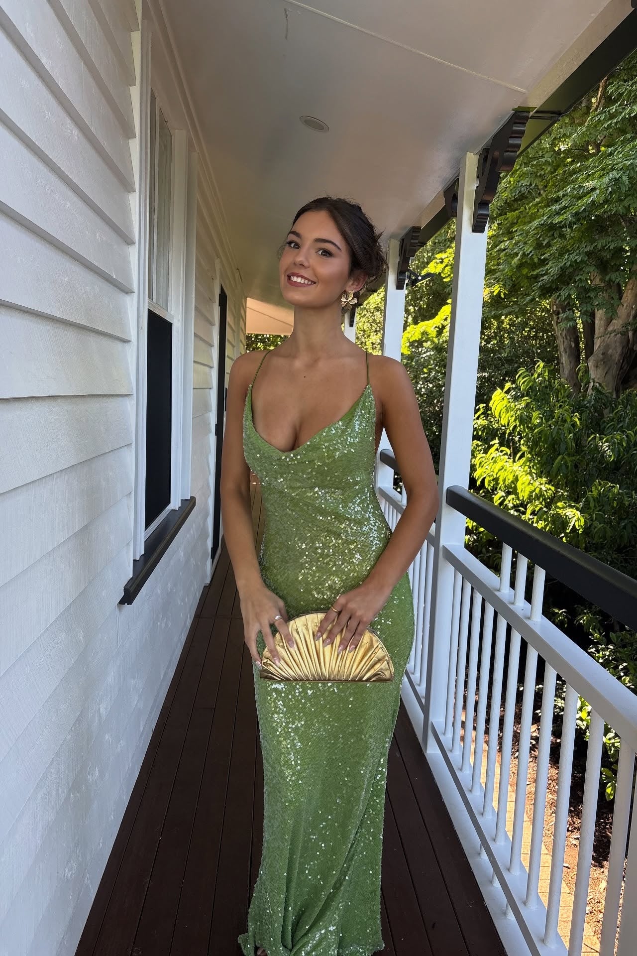 Cowl Neck Green Backless Sequin Maxi Dress PollyBoutique Cowl Neck Green Backless Sequin Maxi Dress PollyBoutique