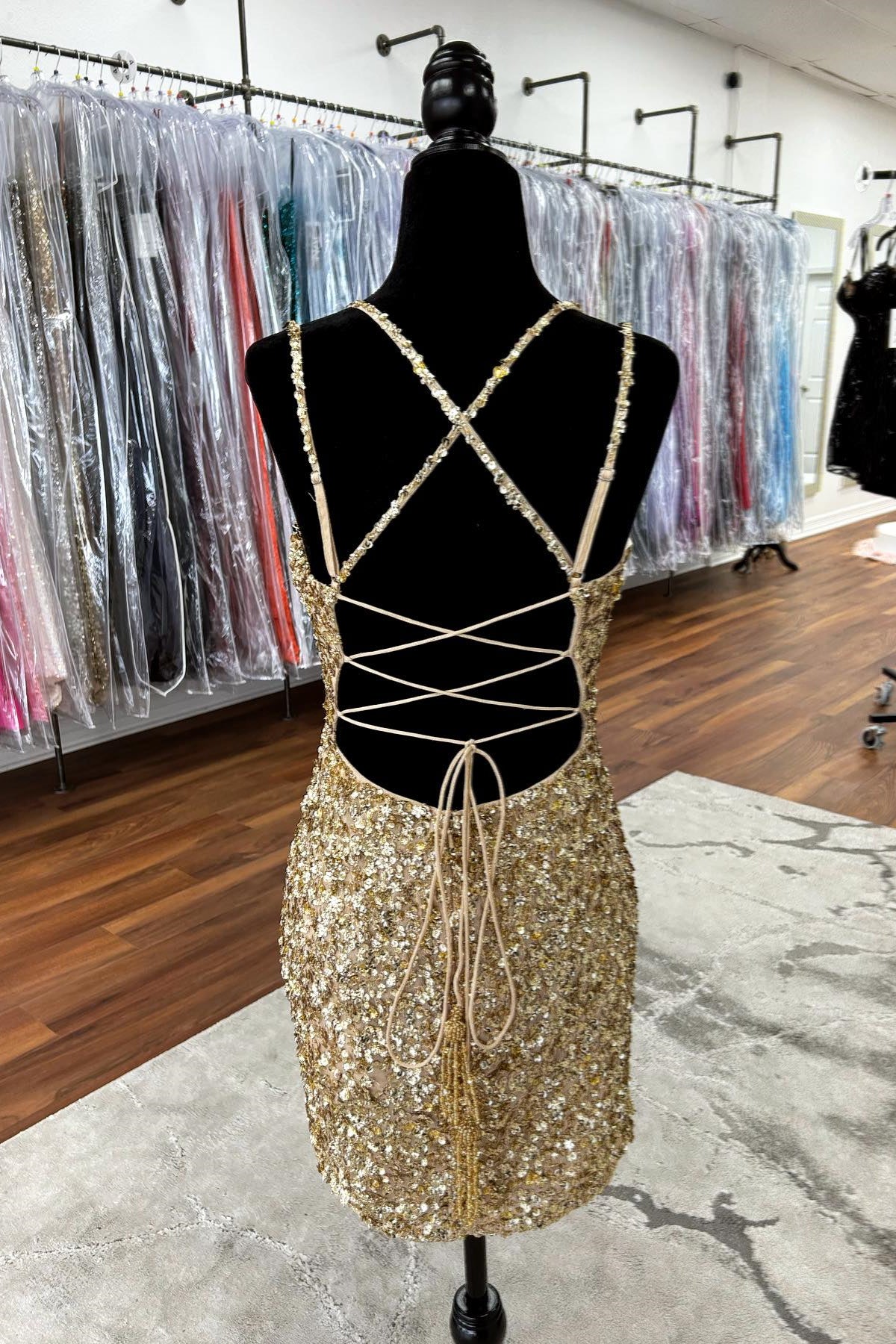 slim fit dress slacks Double Straps Golden Sequin Tight Short Dress – PollyBoutique