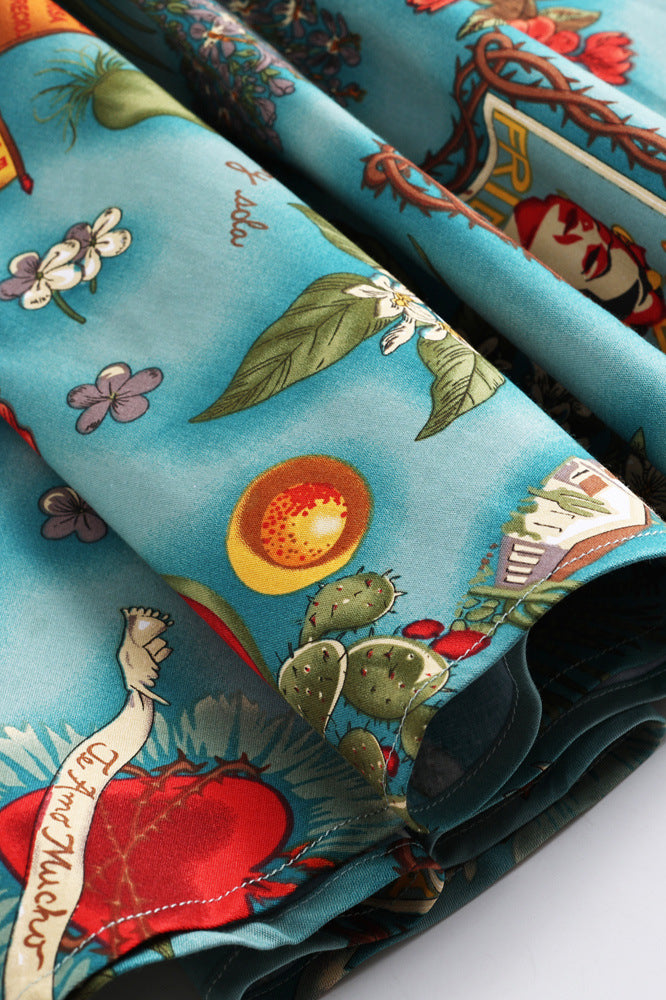 Green 1950s Court Print Vintage Swing Dress