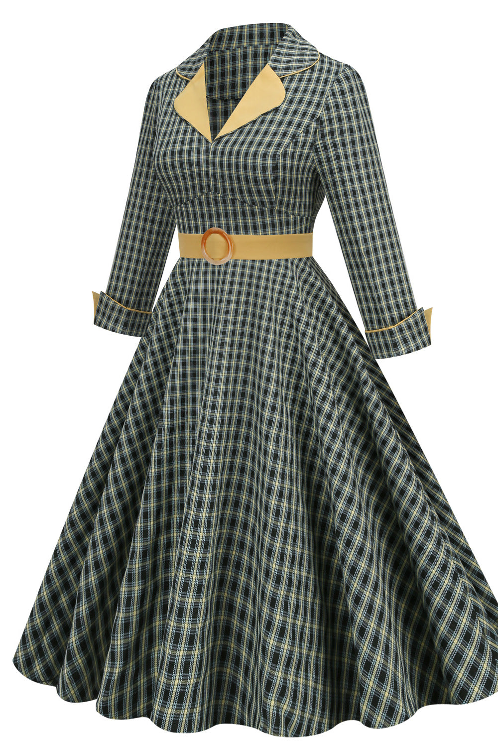 Green 1950s Plaid 3/4 Sleeve Big Swing Dress