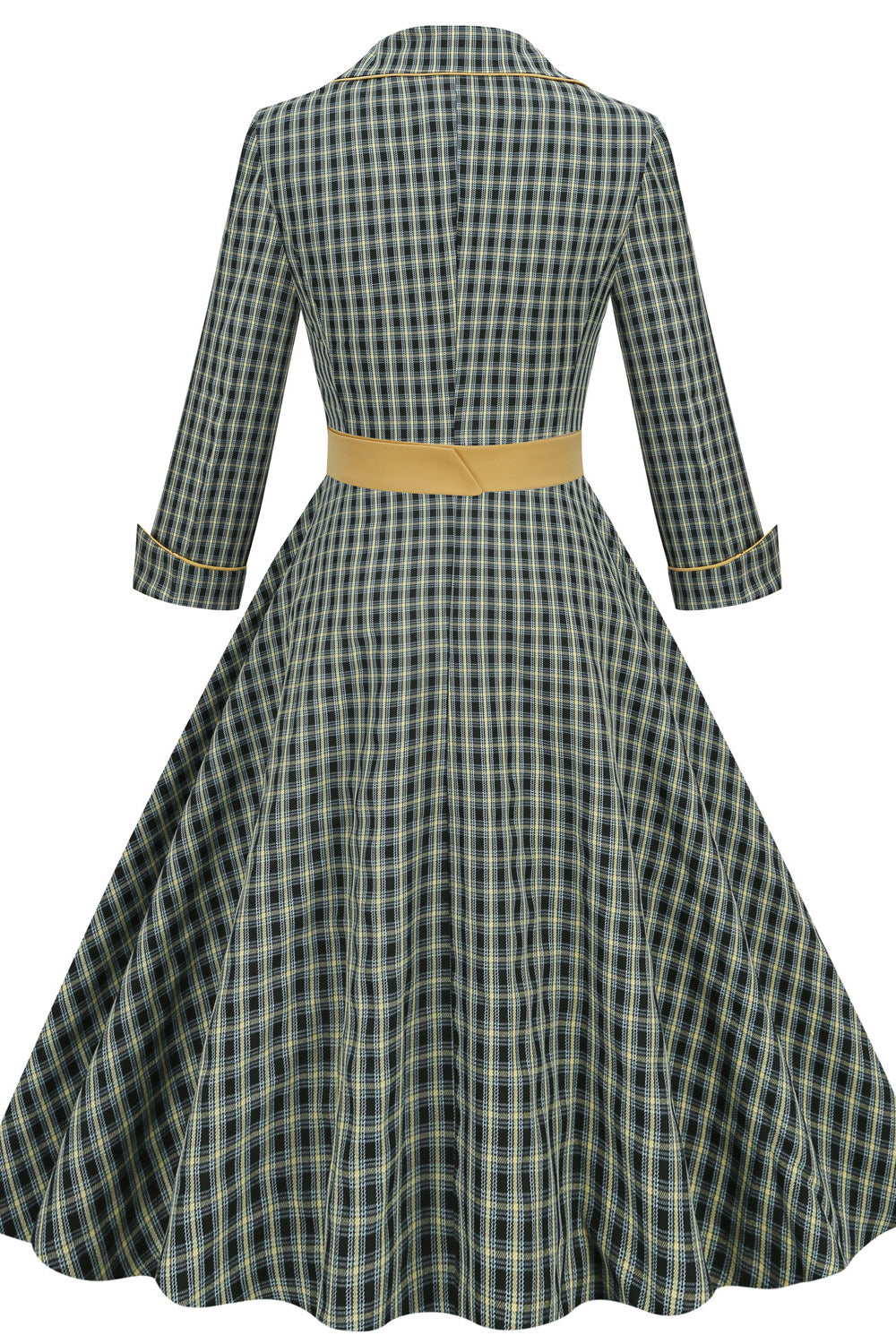 Green 1950s Plaid 3/4 Sleeve Big Swing Dress