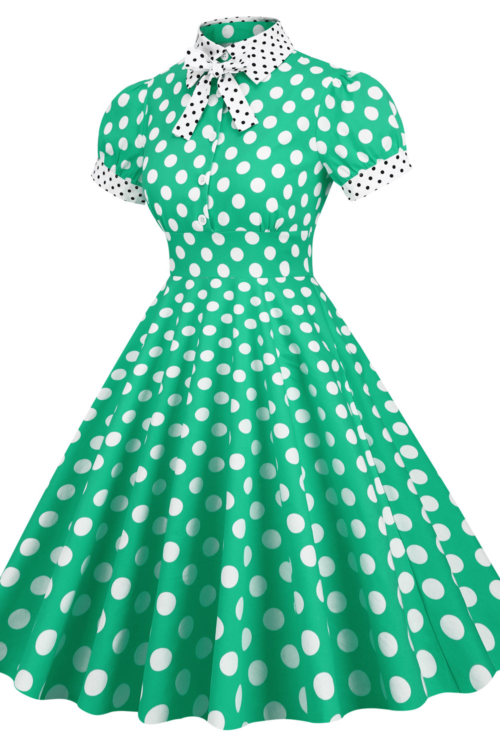 Green 1950s Polka Dots Big Swing Dress with Bow