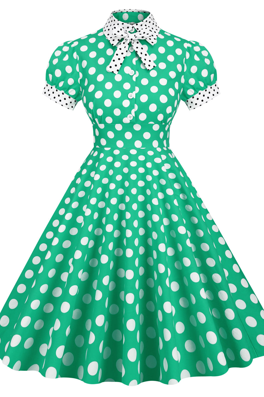 Green 1950s Polka Dots Big Swing Dress with Bow