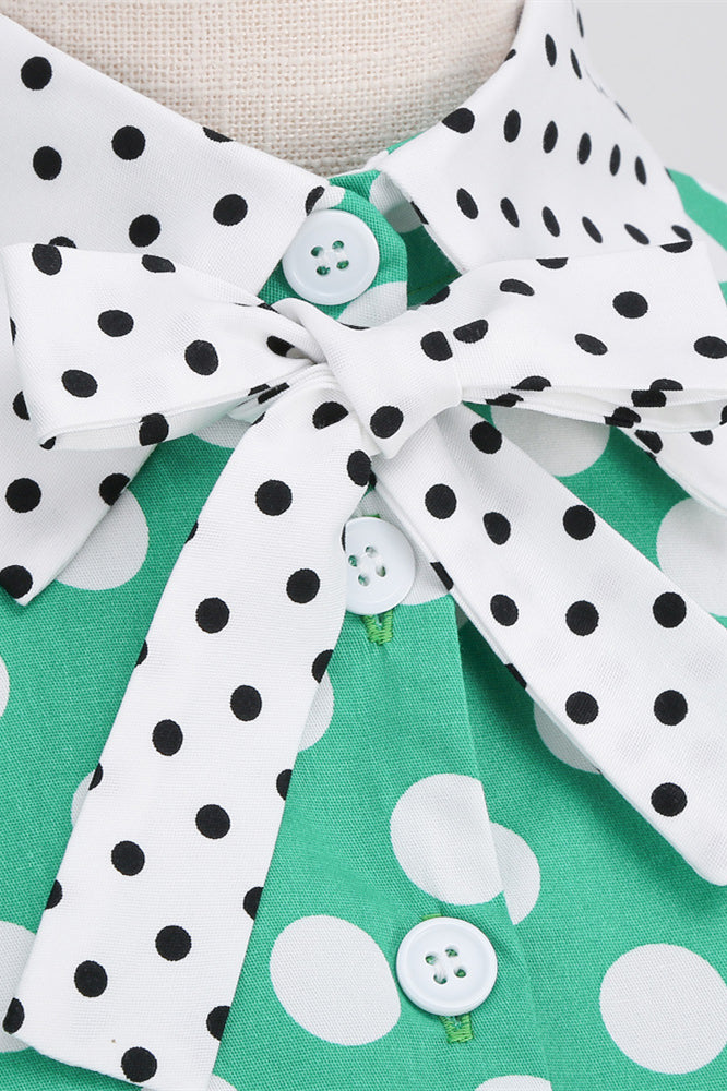 Green 1950s Polka Dots Big Swing Dress with Bow