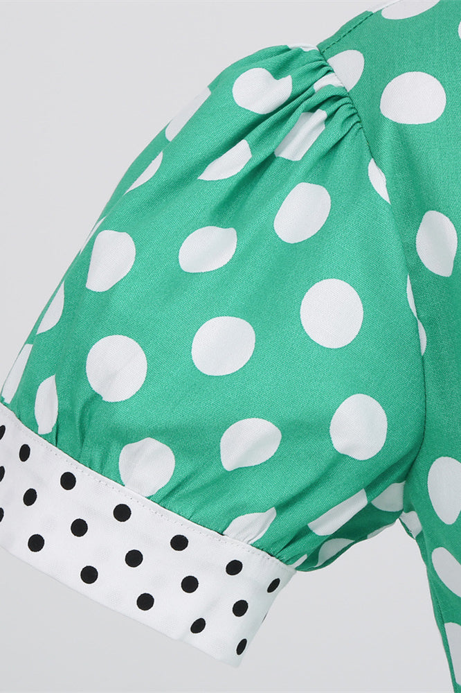 Green 1950s Polka Dots Big Swing Dress with Bow