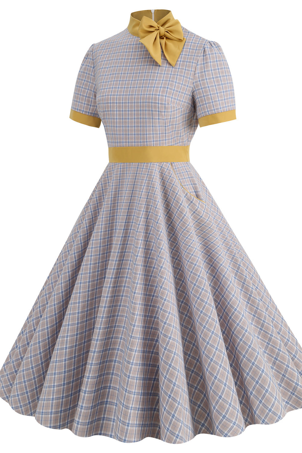 Grey 1950s Plaid Tie Neck Vintage Big Swing Dress  PollyBoutique