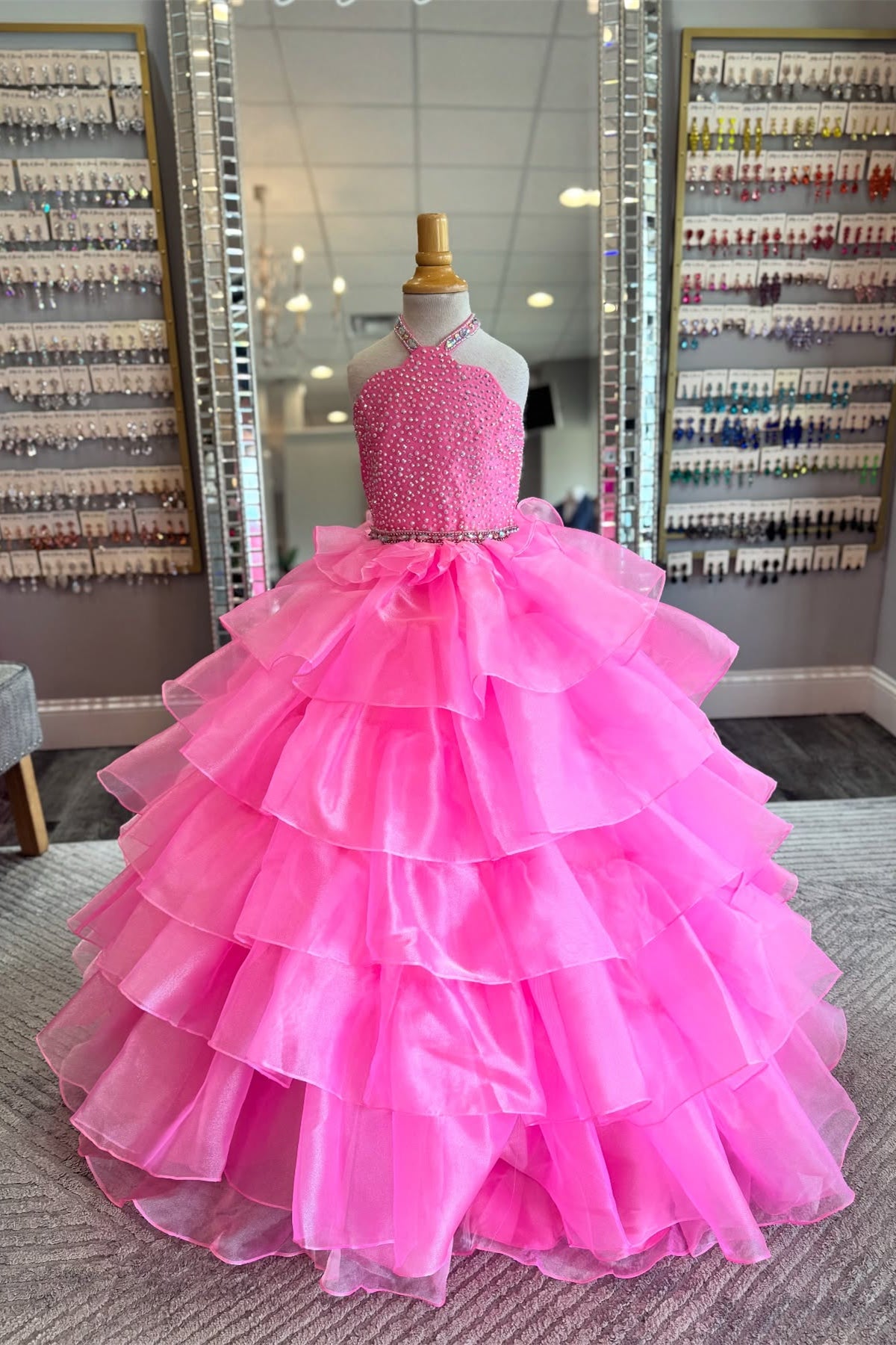 Halter Hot Pink Tiered Girl Pageant Dress with Beaded – PollyBoutique