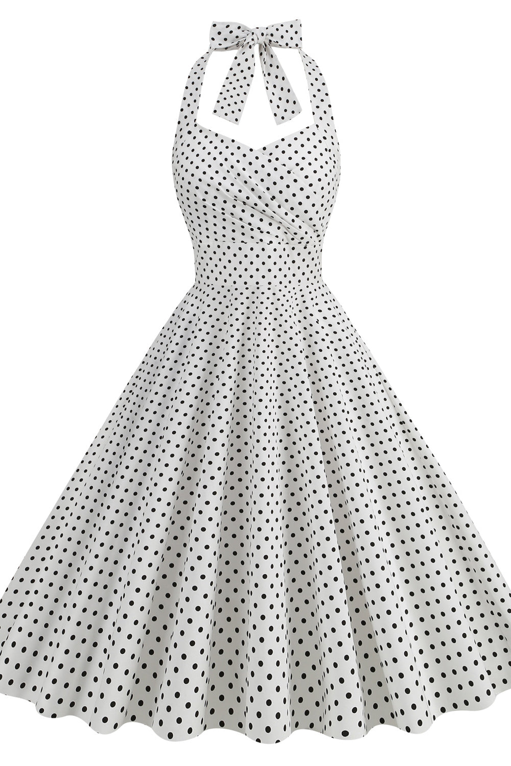 Light Blue 1950s Polka Dots Ruched Halter Swing Dress