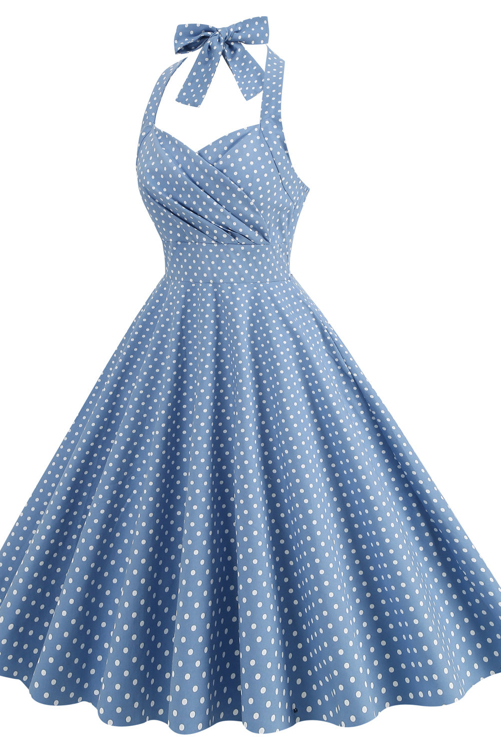 Light Blue 1950s Polka Dots Ruched Halter Swing Dress