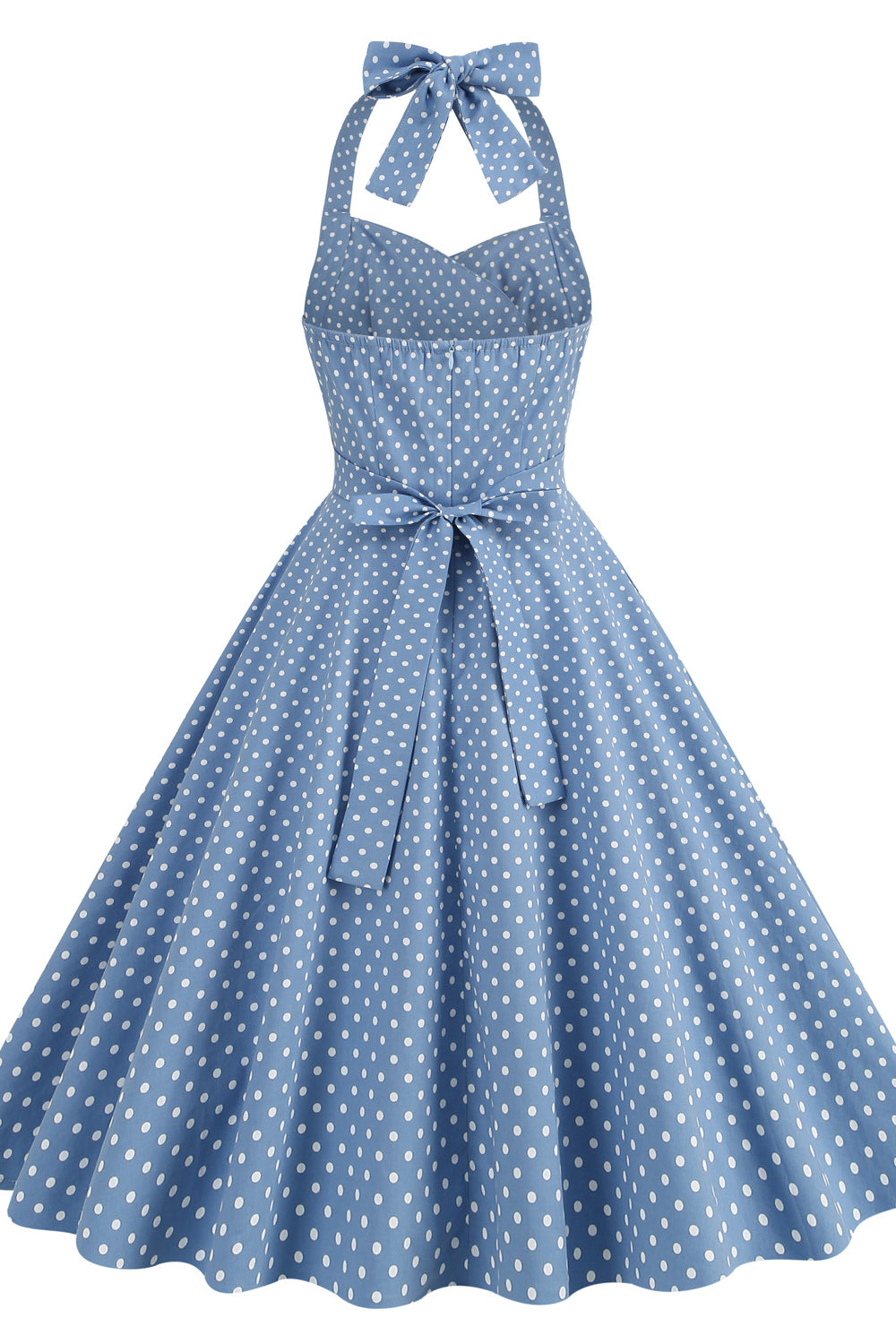Light Blue 1950s Polka Dots Ruched Halter Swing Dress
