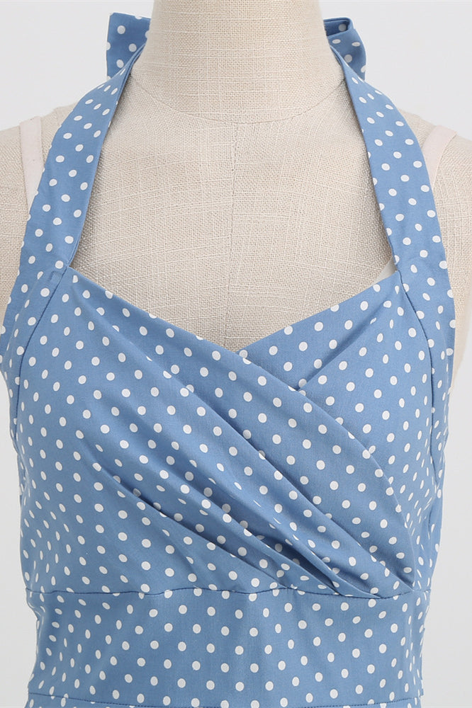 Light Blue 1950s Polka Dots Ruched Halter Swing Dress