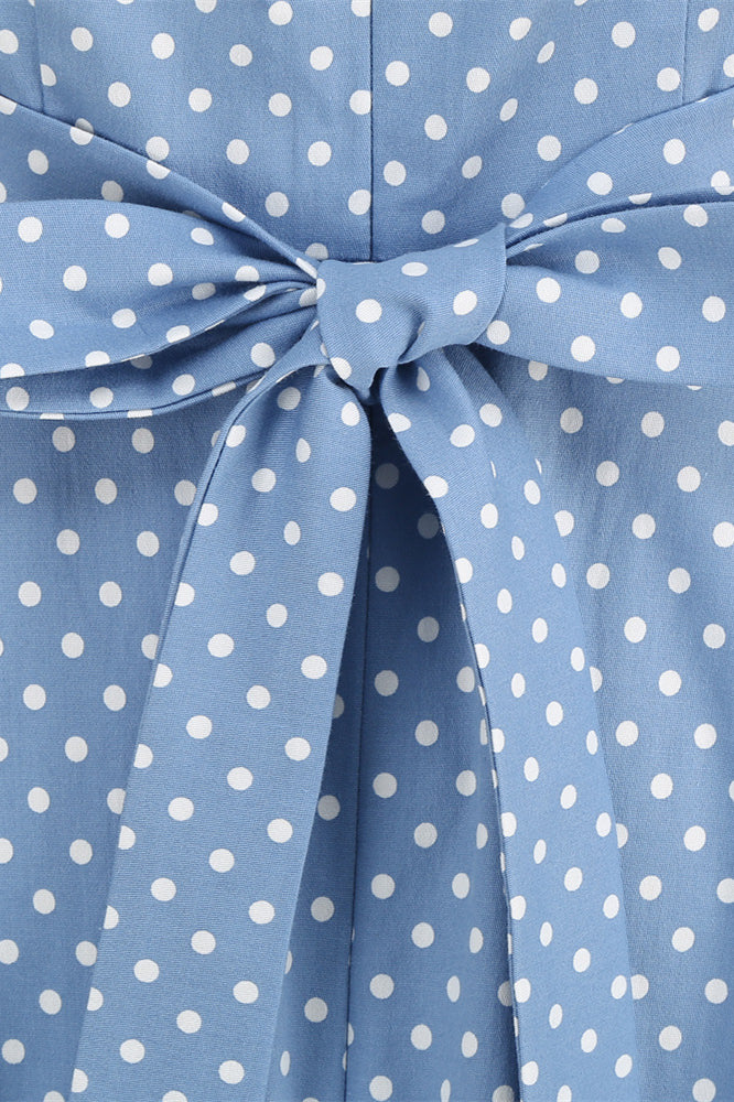 Light Blue 1950s Polka Dots Ruched Halter Swing Dress