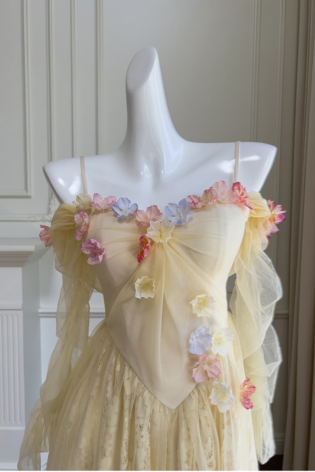 Light Yellow 3D Floral Lace A-line Long Dress – PollyBoutique