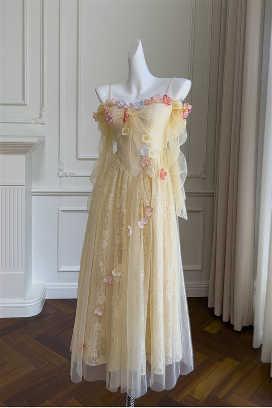 Light Yellow 3D Floral Lace A-line Long Dress  PollyBoutique