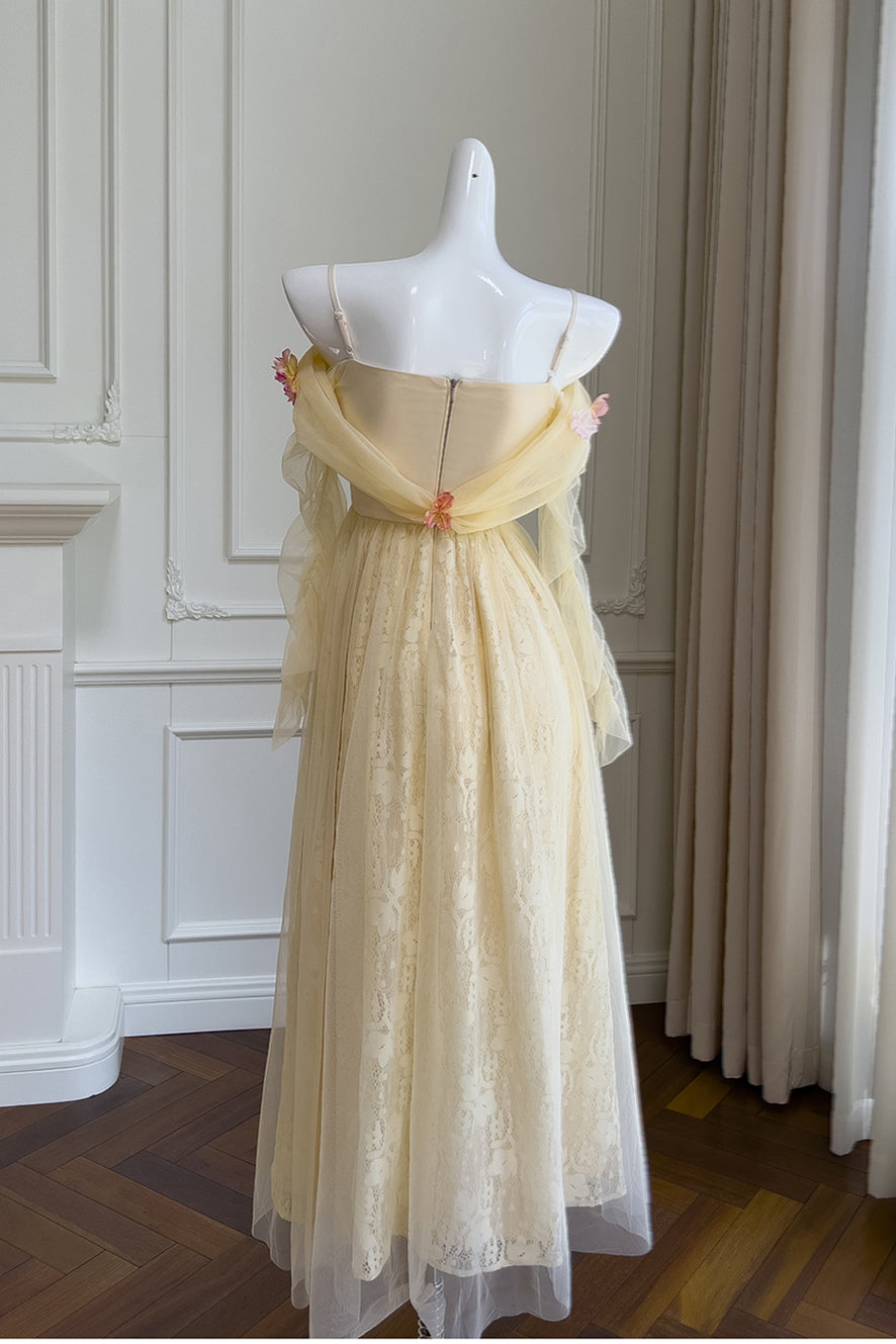 Light Yellow 3D Floral Lace A-line Long Dress – PollyBoutique