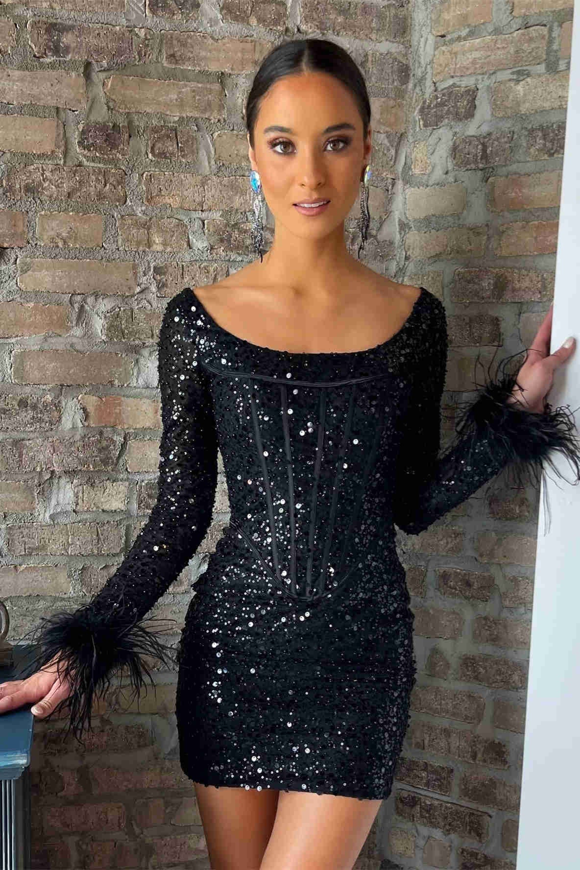 Long Sleeves White Sequin Bodycon Short Dress – PollyBoutique