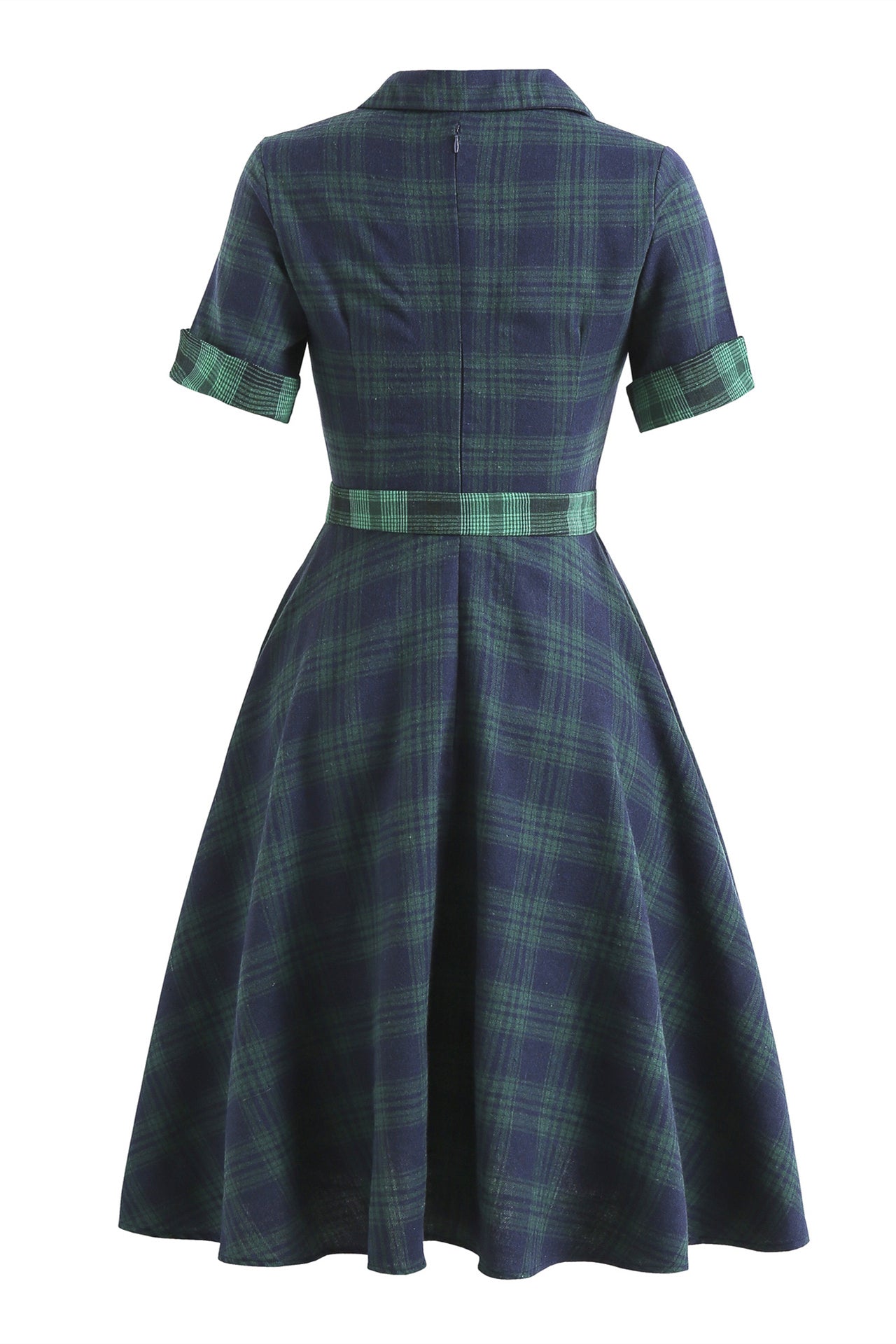Navy Blue 1950s Plaid Belted Big Swing Dress