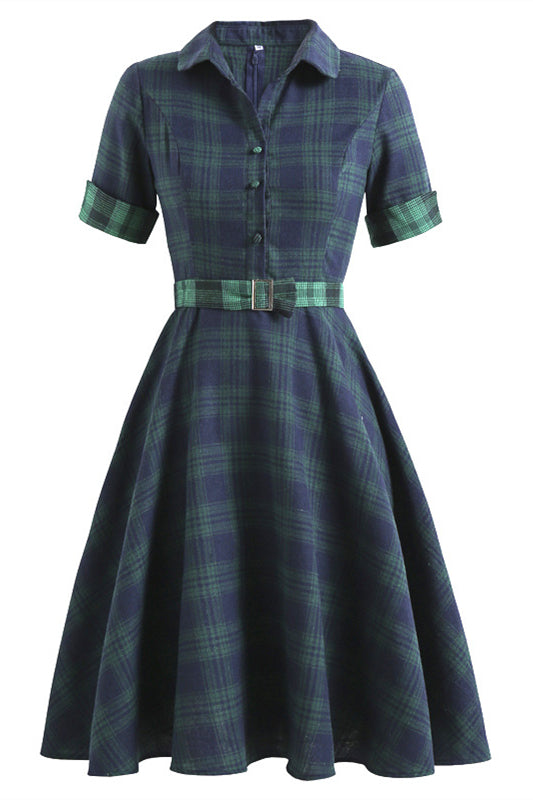 Navy Blue 1950s Plaid Belted Big Swing Dress