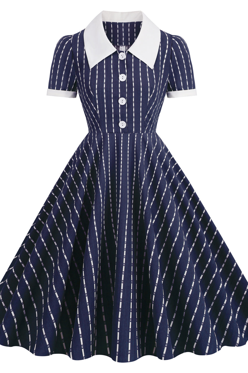 Navy Blue 1950s Striped Short Sleeve Vintage Dress – PollyBoutique
