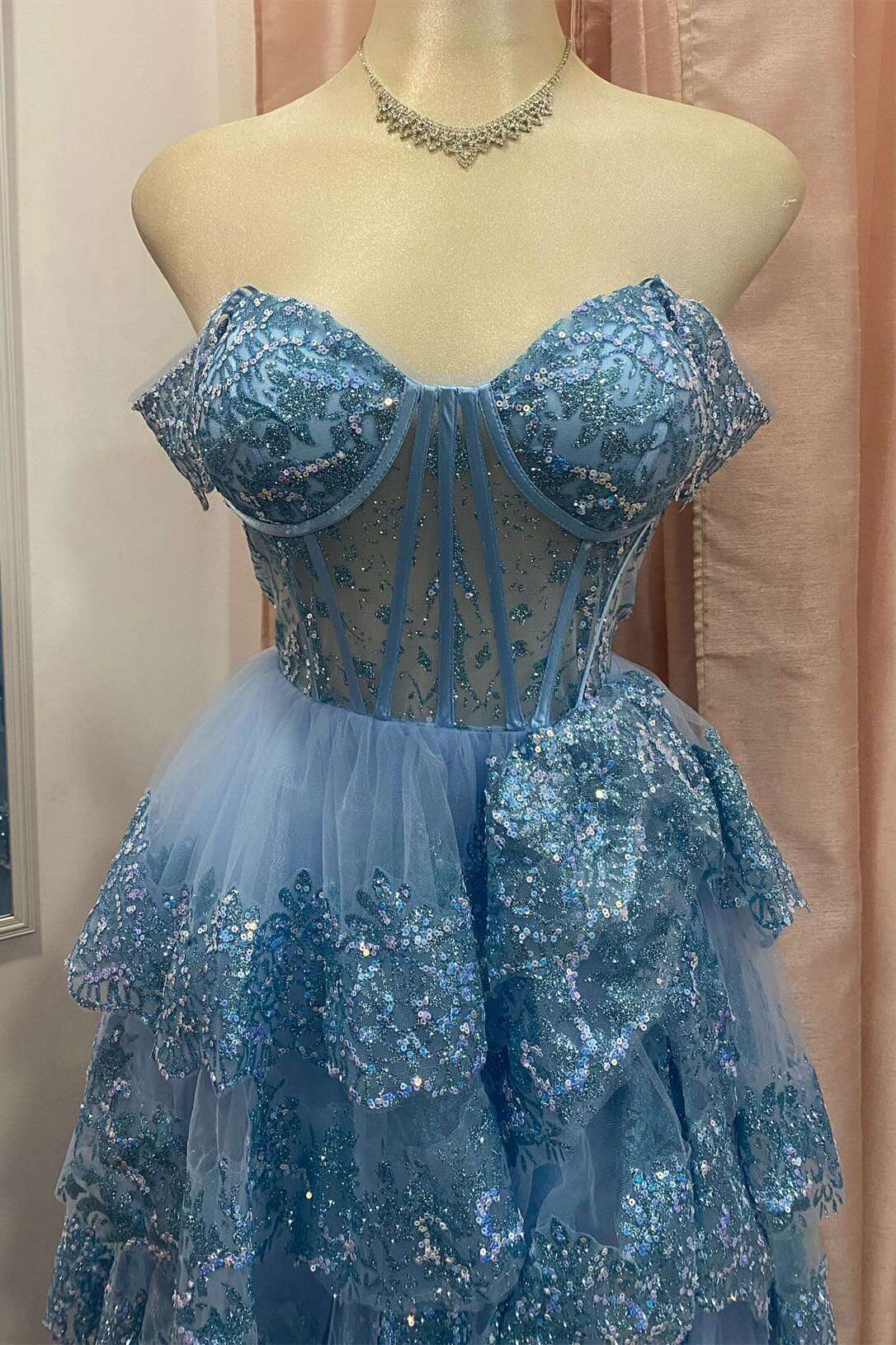 Blue Sequins Ruffle Layered Dress