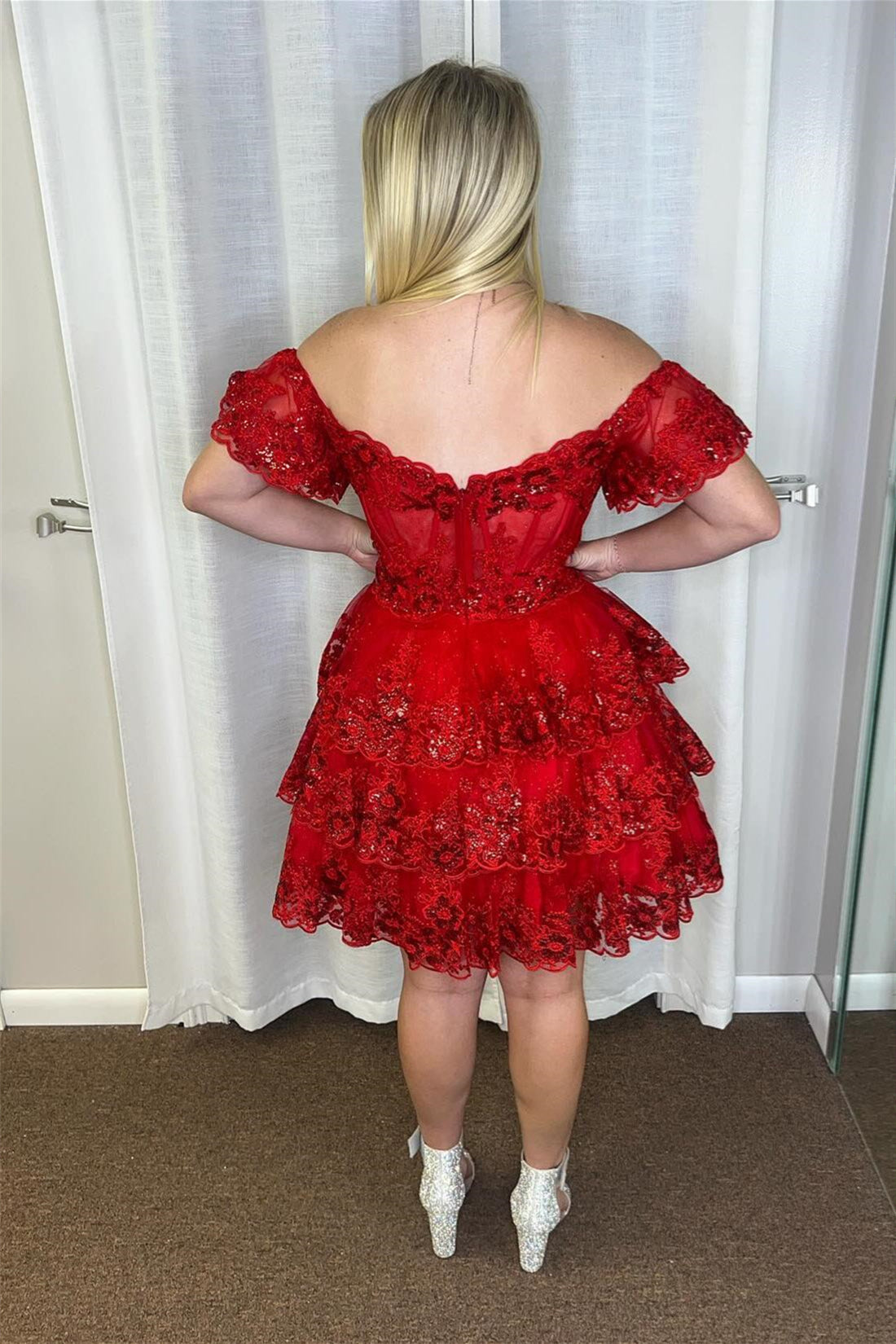 Off the Shoulder Red Appliques Tiered Short Dress – PollyBoutique