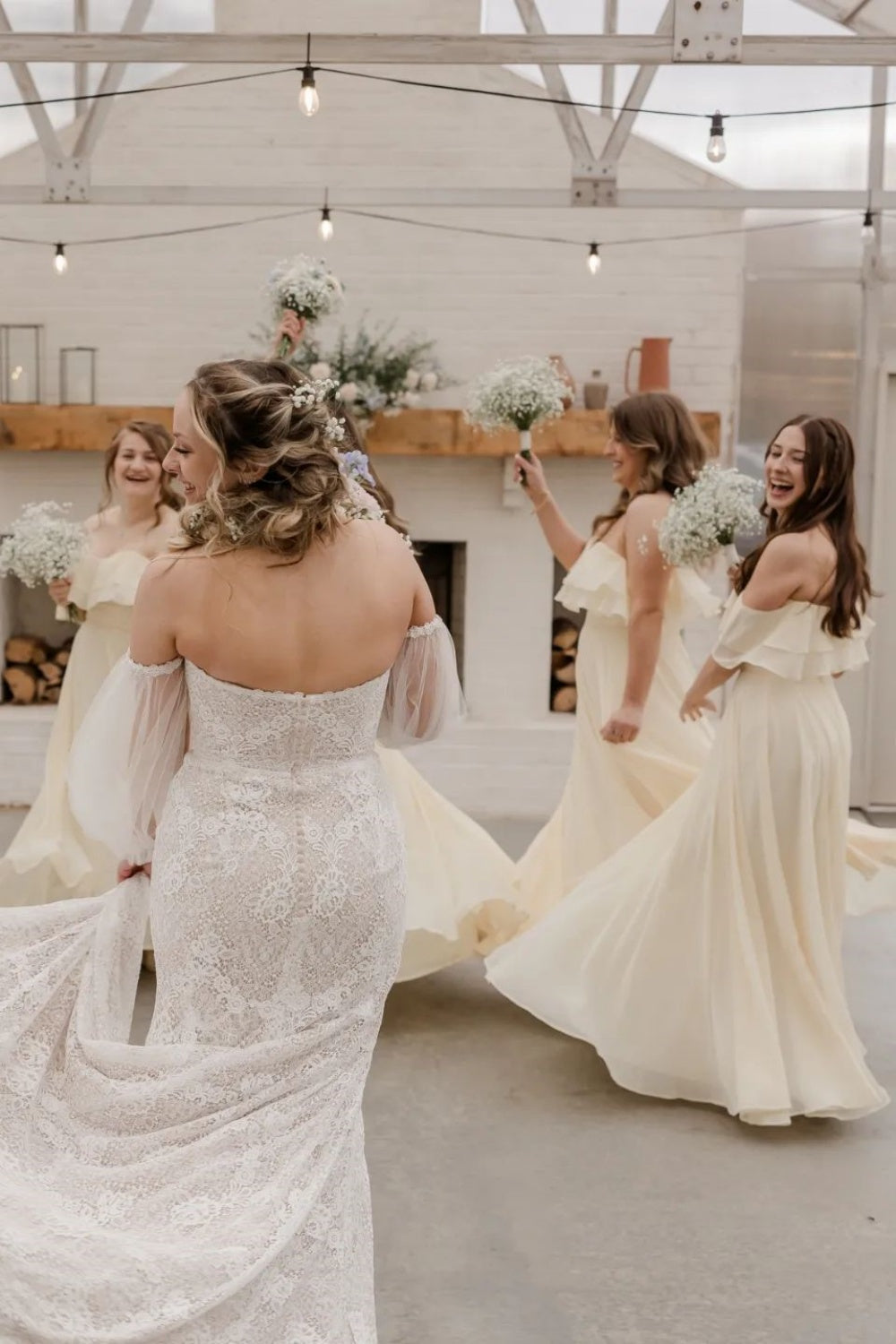 Off the Shoulder Light Yellow Ruffle Bridesmaid Dress – PollyBoutique