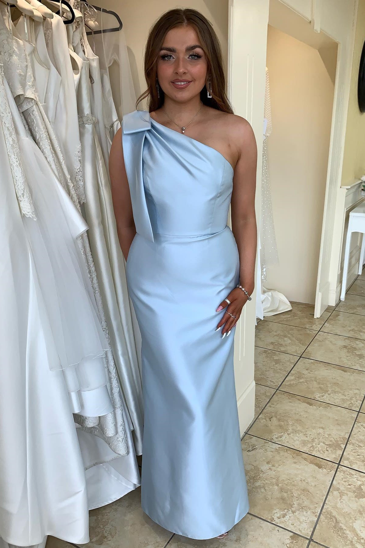 open lace back dress One Shoulder Dusty Blue Mermaid Bridesmaid Dresses – PollyBoutique