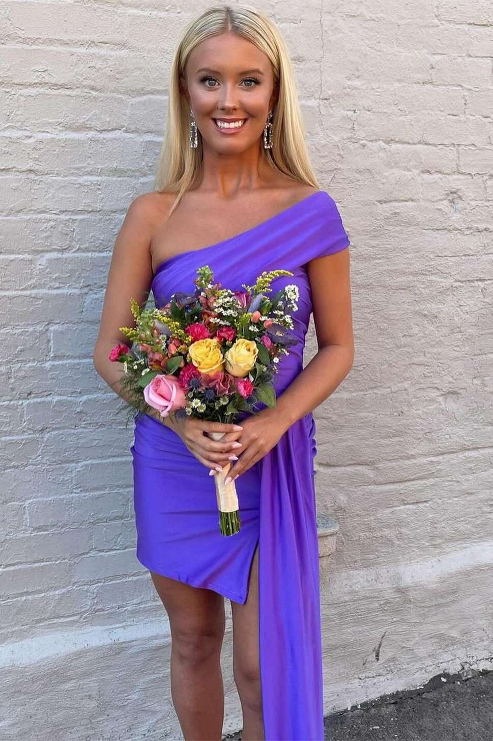 One Shoulder Purple Tight Short Dress with Ribbon PollyBoutique One Shoulder Purple Tight Short Dress with Ribbon PollyBoutique