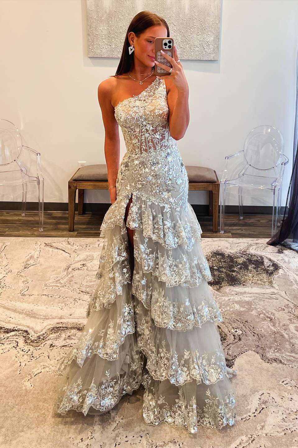 One Shoulder Gold Sequin Tiered Long Dress PollyBoutique One Shoulder Gold Sequin Tiered Long Dress PollyBoutique