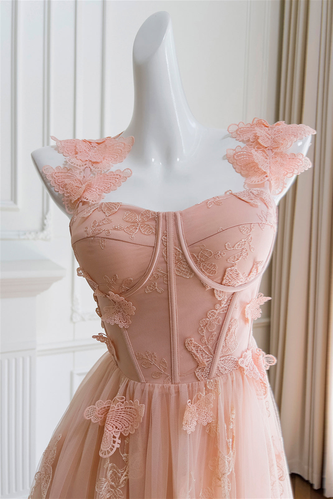 Peach 3D Butterfly Appliques A-line Long Dress PollyBoutique Peach 3D Butterfly Appliques A-line Long Dress PollyBoutique