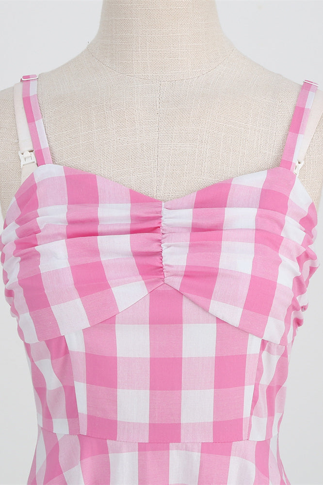 Pink 1950s Plaid Ruched Vintage Swing Dress