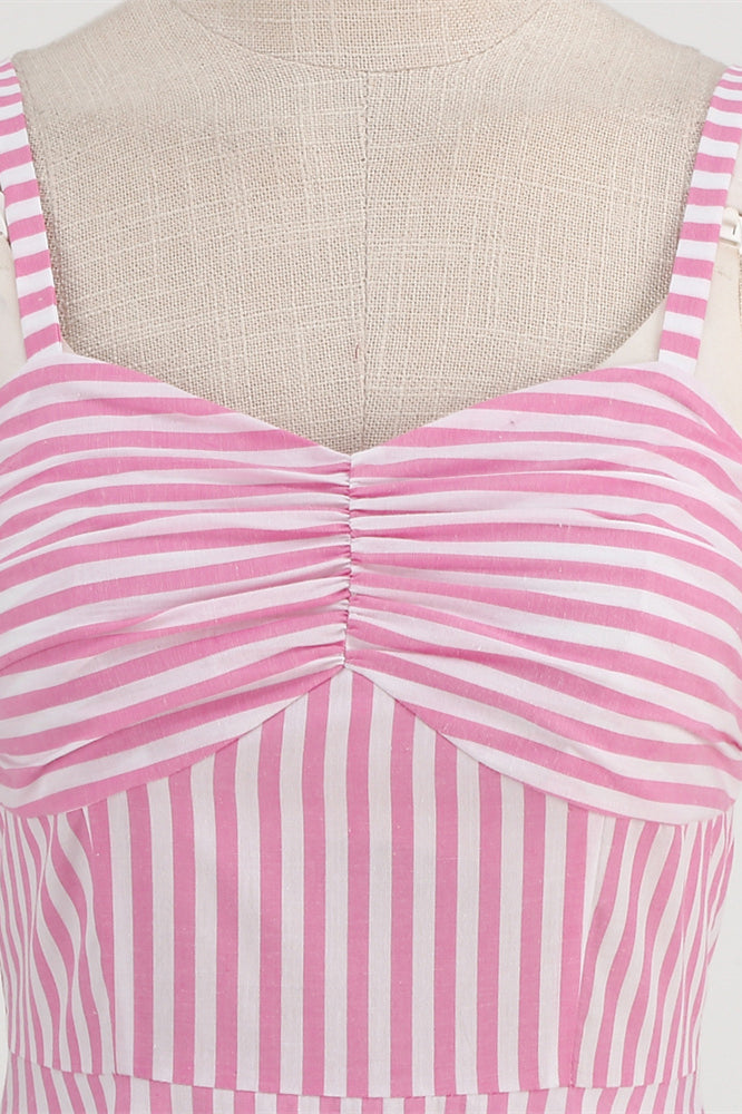 Pink 1950s Striped Ruched Vintage Swing Dress