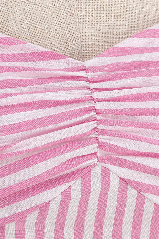 Pink 1950s Striped Ruched Vintage Swing Dress